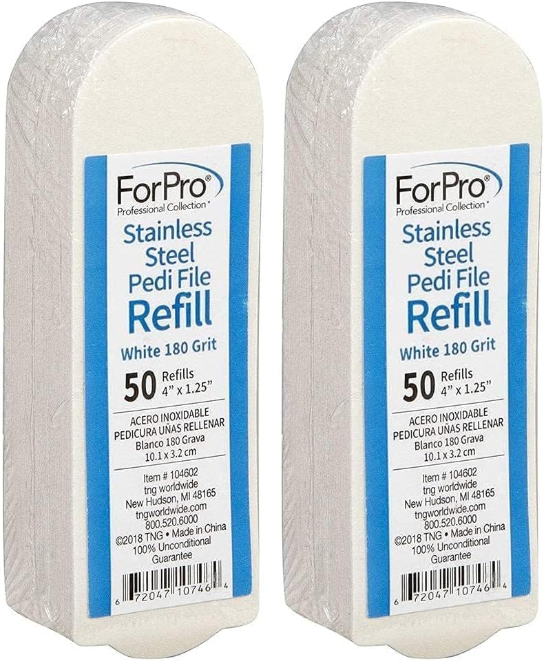 ForPro Professional Collection Stainless Steel Pedi File Refill, 180 Grit, White, EZ-Strip Peel Pedicure Refill Pads, 1.25” W x 4” L, 50-Count