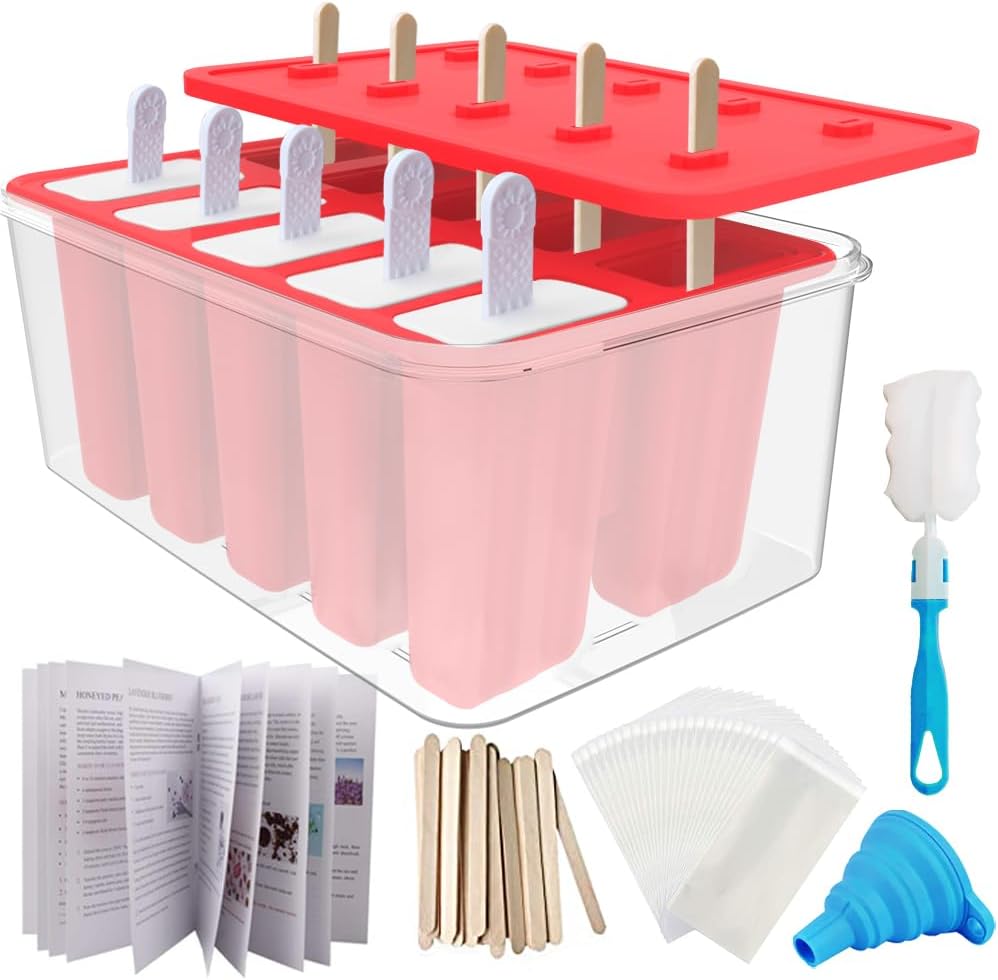 Miaowoof Homemade Popsicle Molds, 10-Cav Non-BPA Silicone Ice Pop Maker, with 50 Sticks, 50 Bags, 10 Reusable Sticks, Funnel, Brush and Ice Pop Recipe (Red)