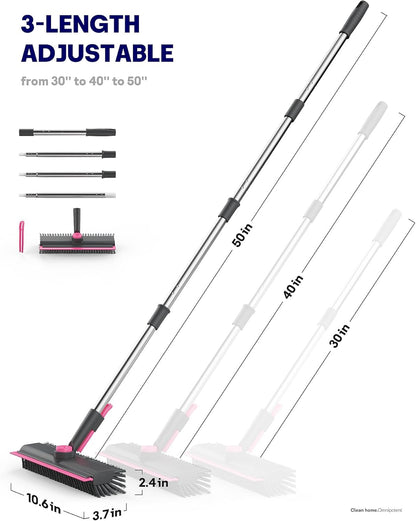 Floor Scrub Brush with Long Handle, 3 in 1 Scrape and Heavy-Duty Stiff Bristle Floor Scrubber Brush with Squeegee and Tweezer for Cleaning Tile Wall Deck Bathroom Patio Garage Kitchen (White)