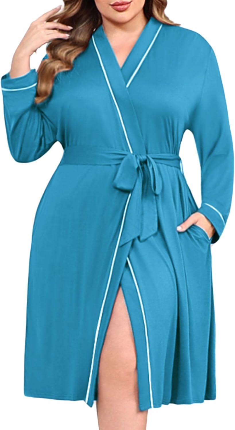 Ekouaer Plus Size Robes for Women Lightweight Bathrobe V Neck Kimono Loungewear Soft Maternity Robes with Pockets 1X-5X