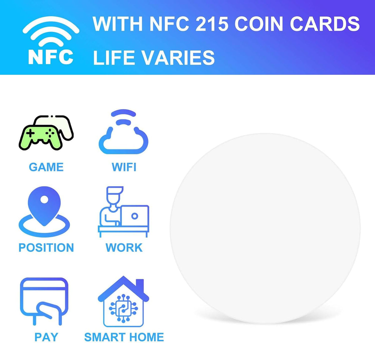 NFC Tag NFC Stickers White NTAG215 Tag Rewritable Round Coin NFC Cards with Adhesive Back Compatible with Tagmo NFC Enabled Mobile Phones