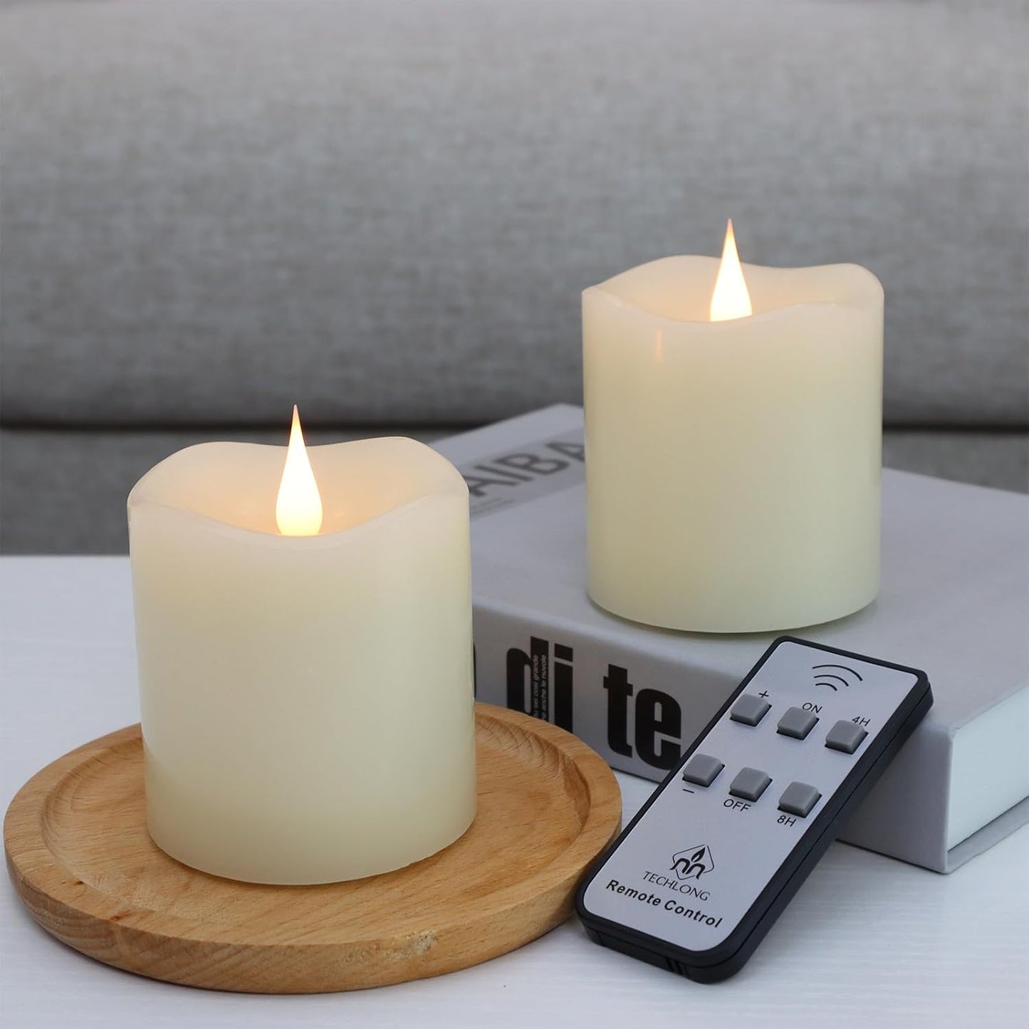 TECHLONG Flameless Candles Battery Operated with Timer, 3D Moving Flame Flickering, Last 600+ Hours Battery Candles, 3" x 3" Ivory Real Wax Electric LED Candle for Wedding Party Decorations