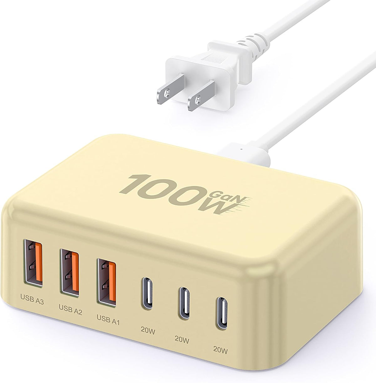 USB Fast Charger Block 50% Smaller 100W Max 6-Port GaN USB Charging Station
