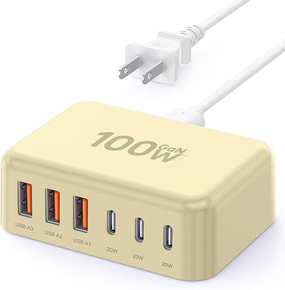 USB Fast Charger Block 50% Smaller 100W Max 6-Port GaN USB Charging Station