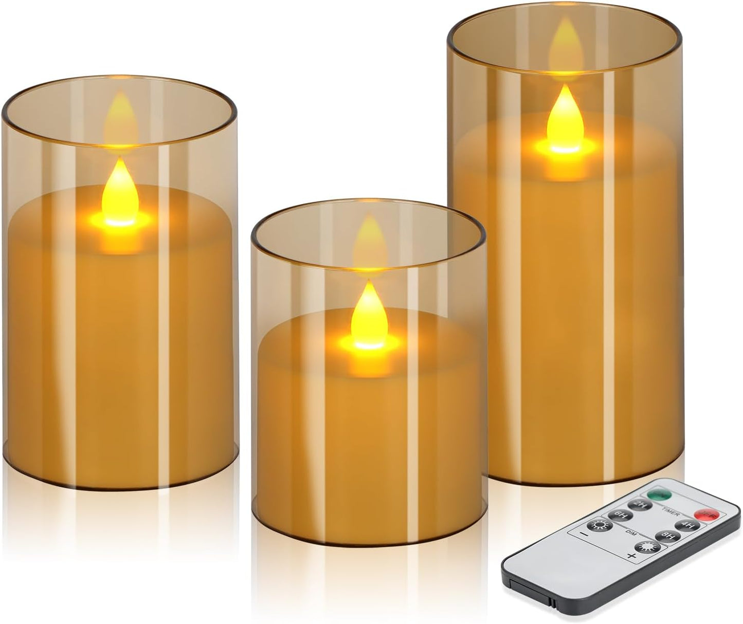 wemarry Flameless Candles 4" 5" 6" Acrylic Glass Pillars 3" Diameter Battery Operated Flickering Candles Include 8-Key Remote with Timer Function 400+ Hours (Gray, Warm Light 3 Pack)