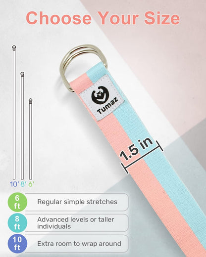 Tumaz Yoga Strap/Stretch Bands [15+ Colors, 6/8/10 Feet Options] with Extra Safe Adjustable D-Ring Buckle, Durable and Comfy Delicate Texture - Best for Daily Stretching, Physical Therapy, Fitness