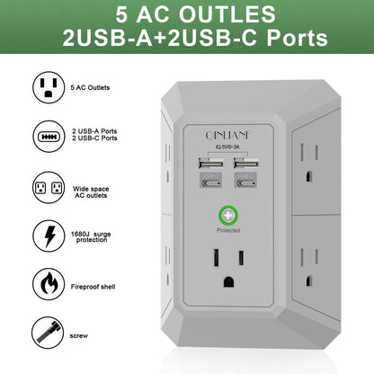 Wall Charger, Surge Protector, QINLIANF 5 Outlet Extender with 4 USB Ports