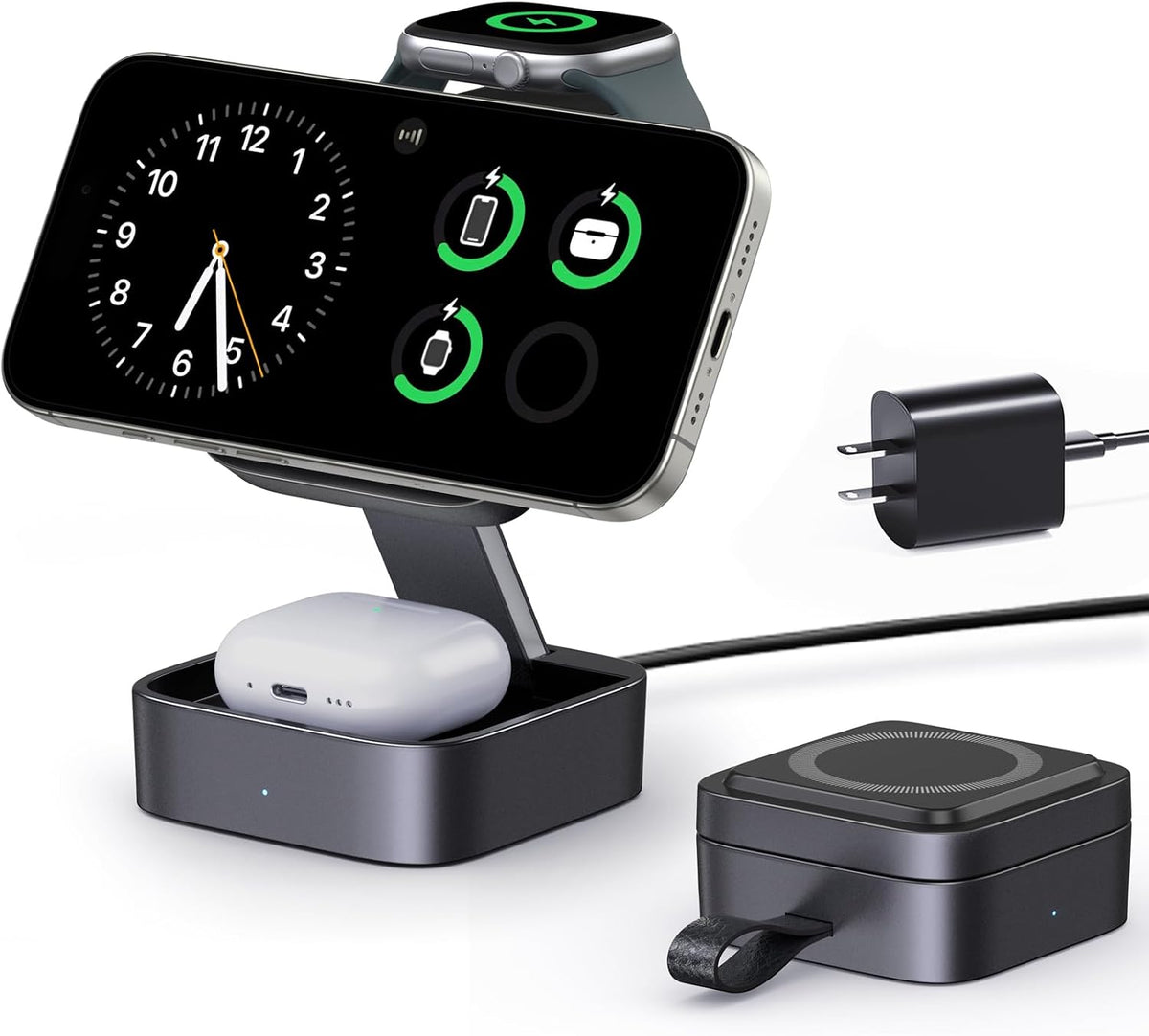 3 in 1 Wireless Charging Station for Apple Devices, Magnetic Foldable Travel Fast Charger Stand Compatible with MagSafe for iPhone 18/Air/17/16/15/14/13/12 Series, Apple Watch & AirPods Pro/4/3/2