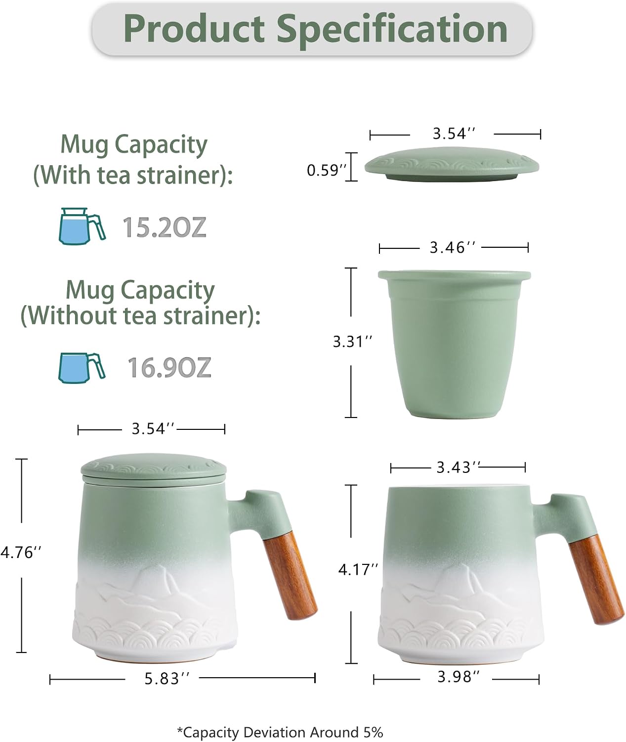 ZENS Embossed Ceramic Tea Mug with Infuser and Lid, 14.5 oz Wooden Handle, Loose Leaf Tea Steeper Cup & Strainer for Tea Lovers Gifts