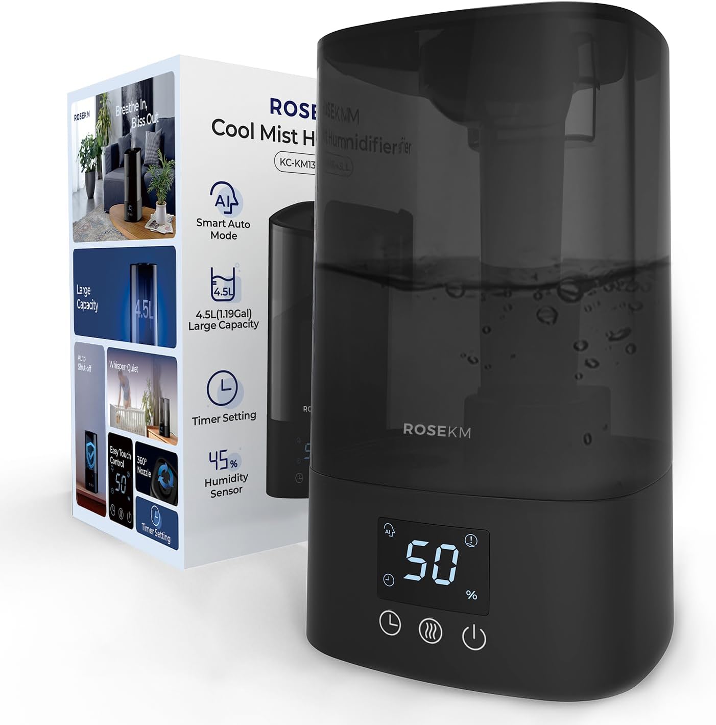 ROSEKM Humidifiers for Bedroom (1.1L), Small Cool Mist Humidifier for Home Plant and Baby Nursery, Quiet Ultrasonic Humidifier with 360° Nozzle, Auto Shut-Off, Filterless, Black