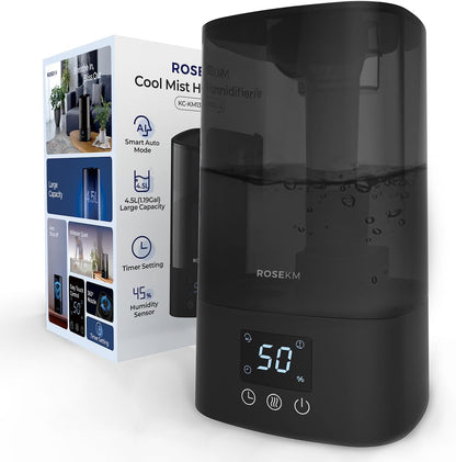 ROSEKM Humidifiers for Bedroom (1.1L), Small Cool Mist Humidifier for Home Plant and Baby Nursery, Quiet Ultrasonic Humidifier with 360° Nozzle, Auto Shut-Off, Filterless, Black