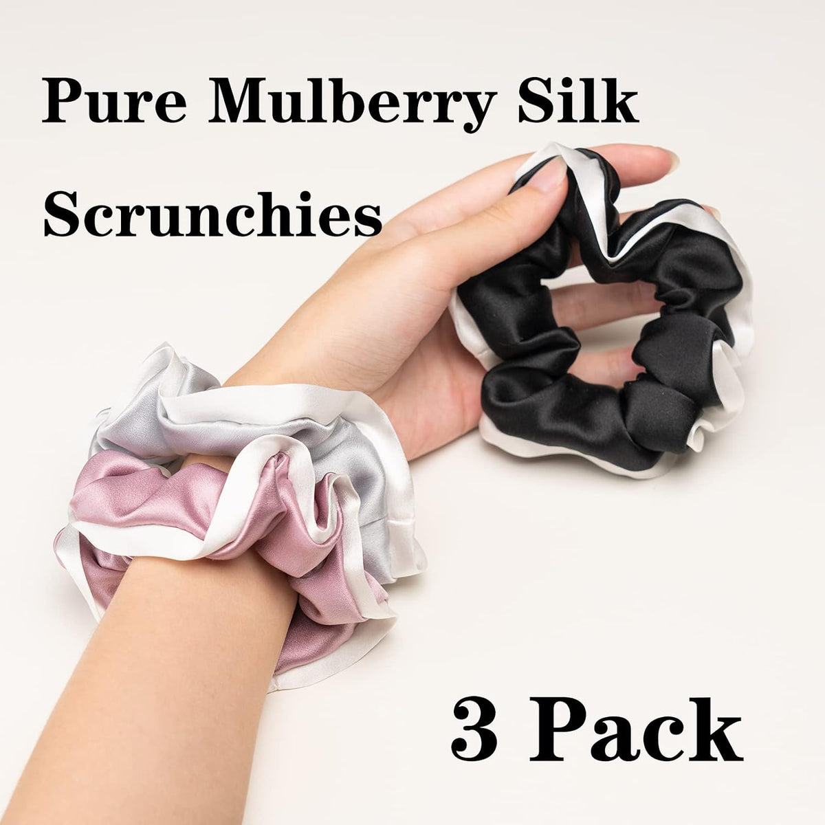 Silk Scrunchies for Hair 100% Mulberry Silk Hair Ties 3 Pack(Black, Navy Blue, Emerald)