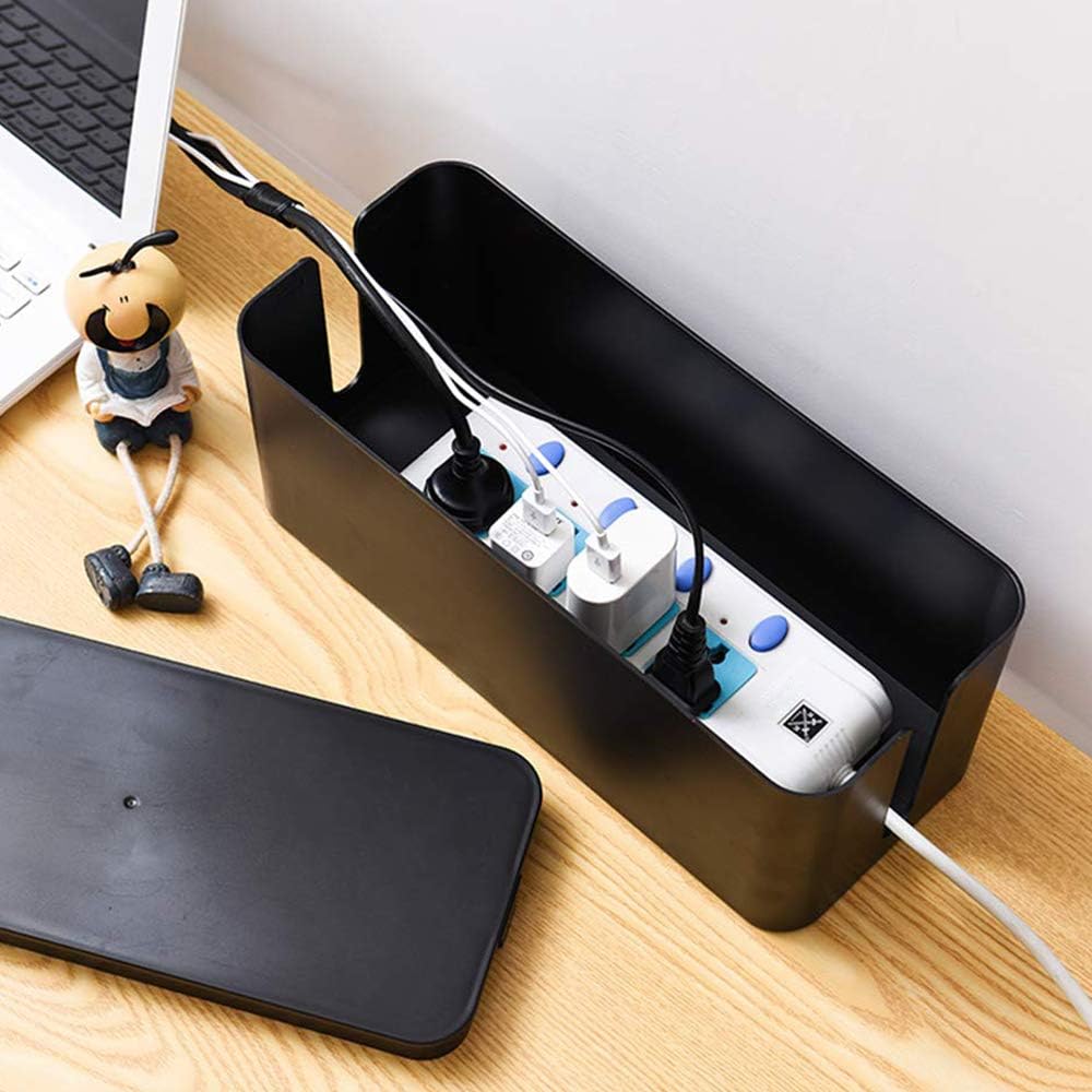 Cable Management Box Organizer, Pack of 2 Wire Concealer to Cover Hide Surge Protector & Power Strip on Desk Floor, with 5 Cord Fastening Tapes for Office, Home, Kitchen (Luxury Black)