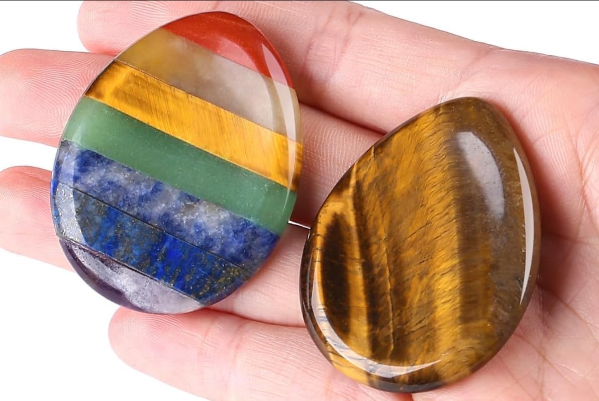 2PCS Worry Stone for Anxiety Tigers Eye Amethyst Healing Crystals Hand Thumb Stones Pocket Gemstones Meditation Accessories Oval Crystal Natural Relax Palm Stone Anxiety Relief Items Stocking Stuffers