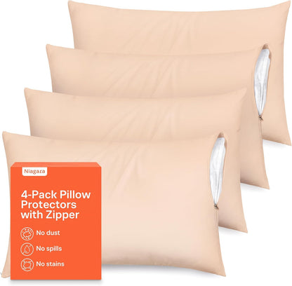 Ultra Soft Pillow Protectors with Zipper Standard Size - Set of 8 Breathable Pillow Covers - 100% Protection Against Stains, Dust & Dirt - Machine Washable (White)