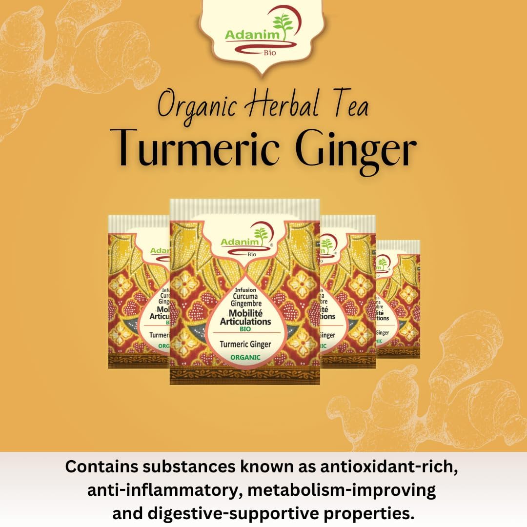 Adanim Bio Organic Turmeric Ginger Herbal Tea Bags Caffeine Free Pure Herbal Blend with Black Pepper USDA Organic Vegan & Kosher 20 Individually Wrapped Tea Bags