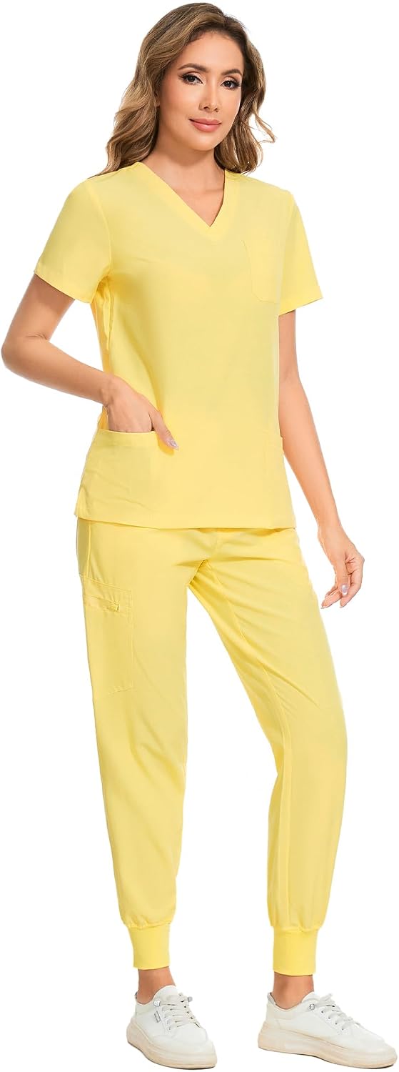 COZYFIT Scrubs for Women Set - Stretch V-Neck Scrub Top & Jogger Pant with 8 Pockets COZY SCRUBS - Colors E