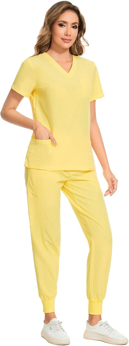COZYFIT Scrubs for Women Set - Stretch V-Neck Scrub Top & Jogger Pant with 8 Pockets COZY SCRUBS - Colors E