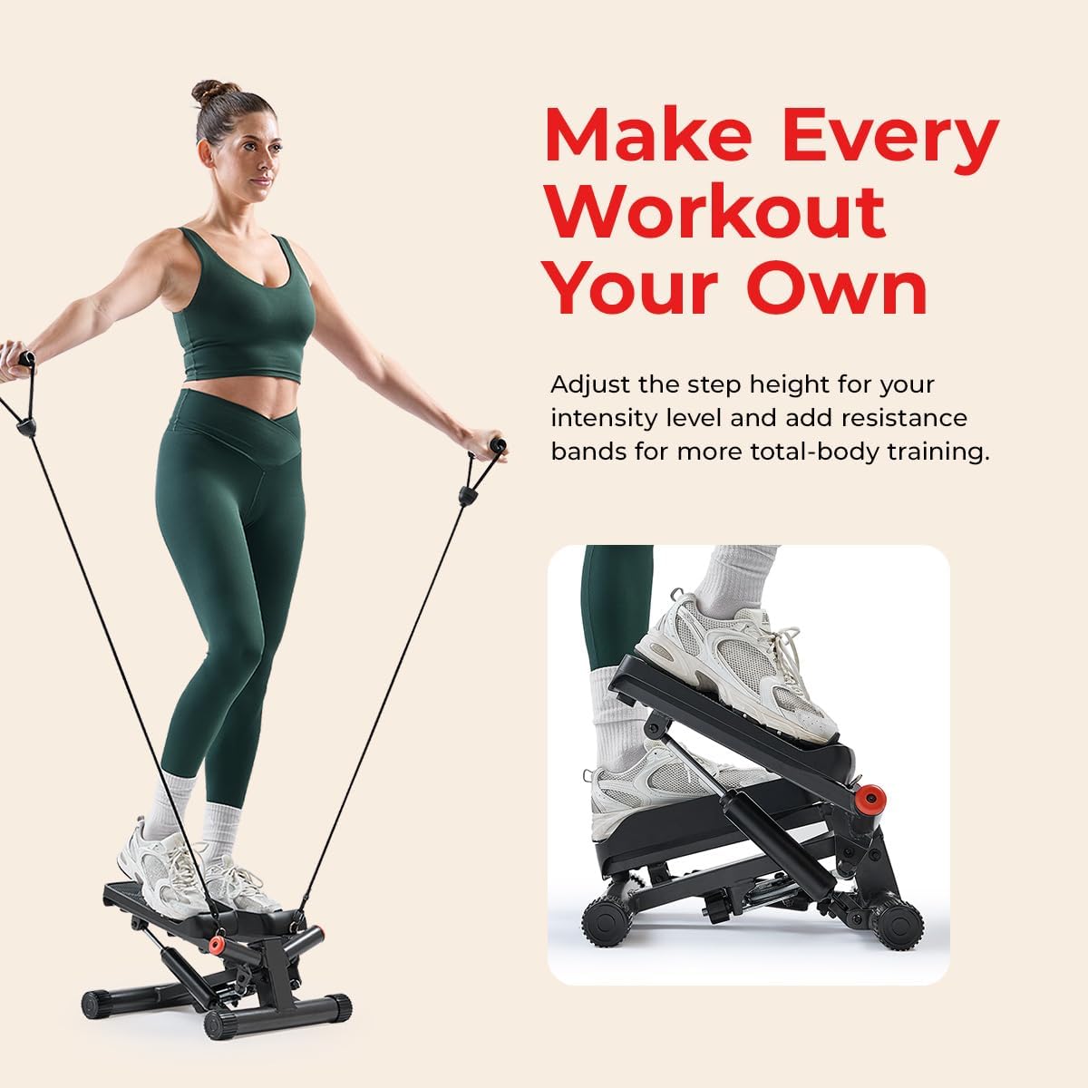 Sunny Health & Fitness Twist Steppers with Resistance Bands, Compact Mini Stair Step Machines for Low-Impact Home Cardio Workouts