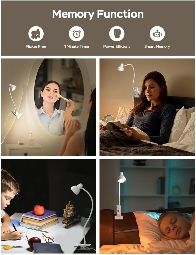LiFMIRA Clip-on Reading Light - 3 Color Modes, 10 Dimmable Brightness, Eye Care Clamp Desk Lamp with Flexible Gooseneck for Reading in Bed, Desk, Headboard, Computer