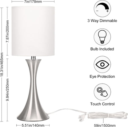 3 Way Touch Control Table Lamp, Dimmable Bedside Desk Lamp with Metal Base Modern Nightstand Lamp Stylish Grey Shade Simple Side Table Lamp for Bedroom, Living Room, Office or Den LED Bulb Included