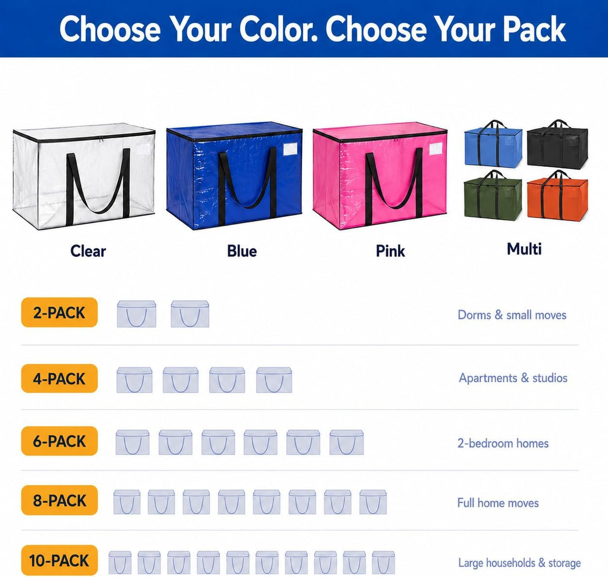 ClearSpace Heavy Duty Moving Bags - Water Resistant Storage Bags with Backpack Straps, Zippers and Handles - Large Moving Boxes for College Dorm, Travel, Closet Organization -, Clear