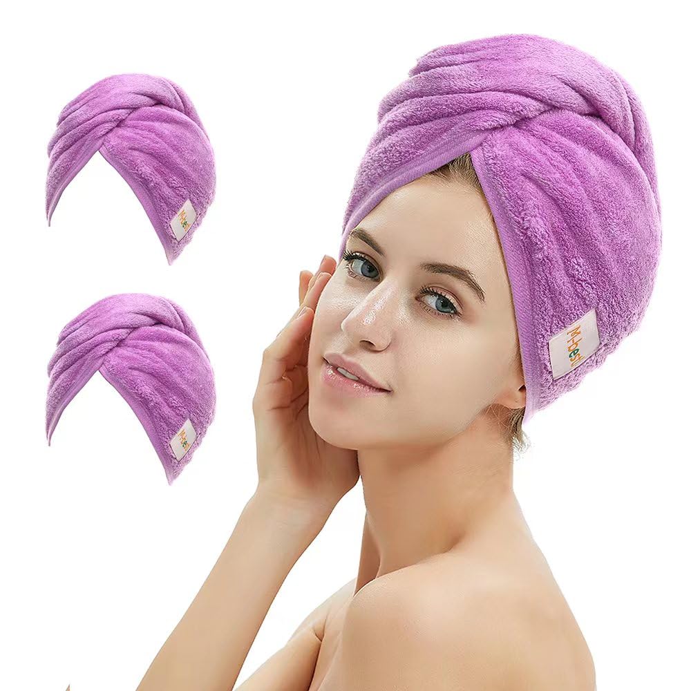 M-bestl 2 Pack Microfiber Hair Towel Wrap,Hair Drying Towel with Button,Quick Dry Hair Towel Turban for Women,Absorbent Anti-frizz Head Towel for Long Thick Curly Hair(Pink&Beige)