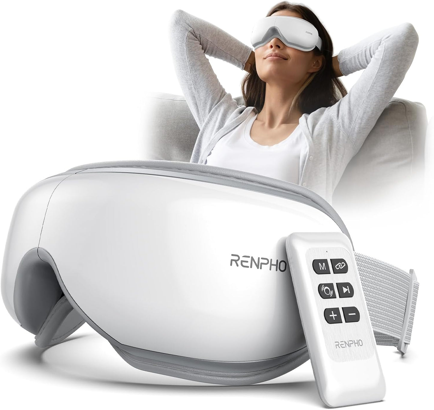 RENPHO Eye Massager with Heat, FSA Eligible HSA,Gifts for Men,Women,Eyeris 1 Eye Massager with Remote, Sleep Mask for Relieves Head Tension, Soothe & Refresh, Enhance Rest, White