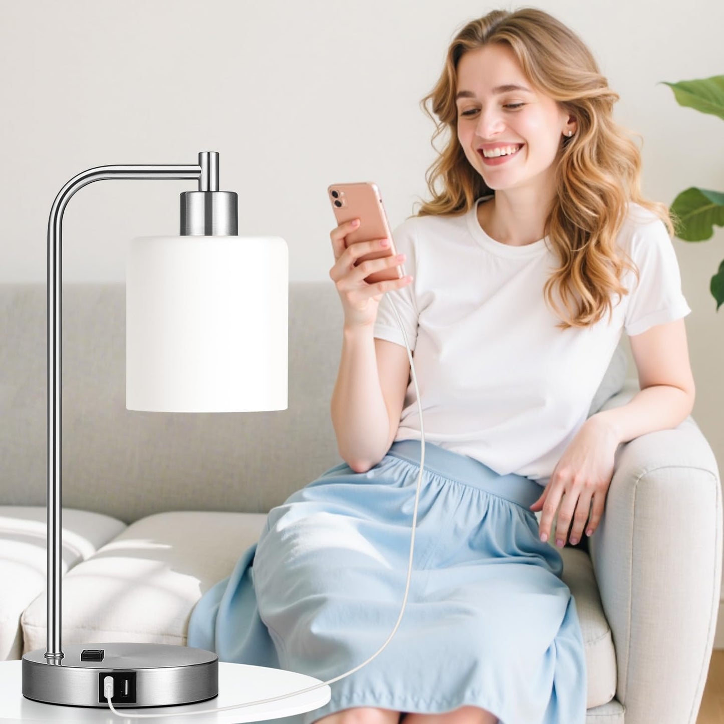 Set of 2 Industrial Touch Control Table Lamps with USB C+A Ports and AC Outlet - 3-Way Dimmable Black Bedside Lamps Nightstand Desk Lamps for Bedroom Living Room, Glass Shade & 2 LED Bulbs Included