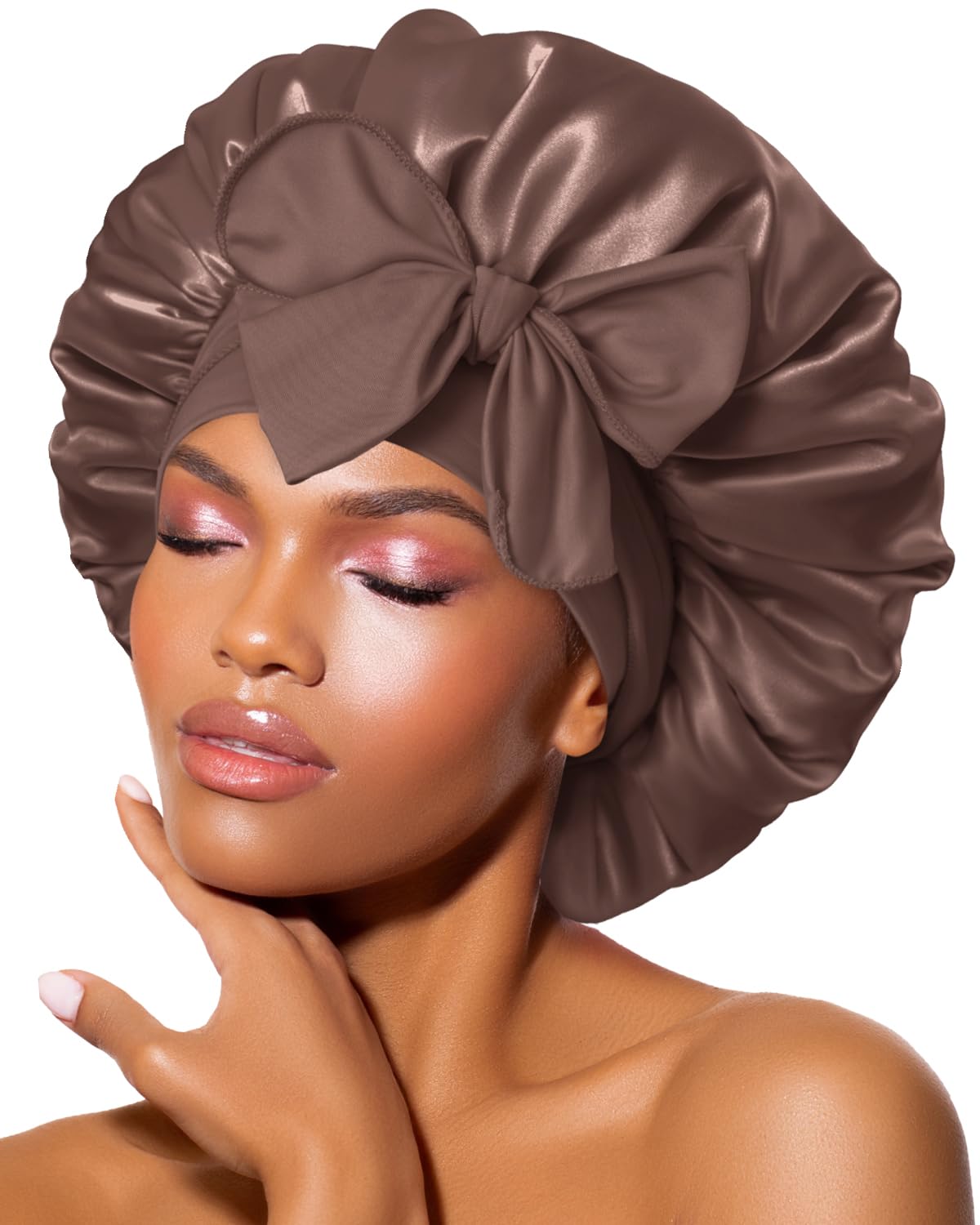 BONNET QUEEN Silk Bonnet for Sleeping for Women Satin Bonnet Night Cap for Curly Hair with Tie Band, Single Layer, Cream Pink