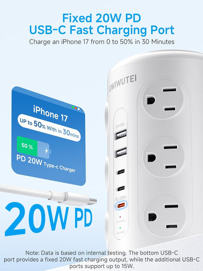 10FT Tower Power Strip with Dedicated 20W PD USB-C Port