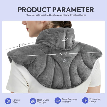Microwavable Heat Pad for Neck and Shoulders, Weighted Microwave Moist Heating Wrap for Pain Relief Sore Muscle Stress Tension, Heated Wrap with Aromatherapy, Hot & Cold Compress, Grey