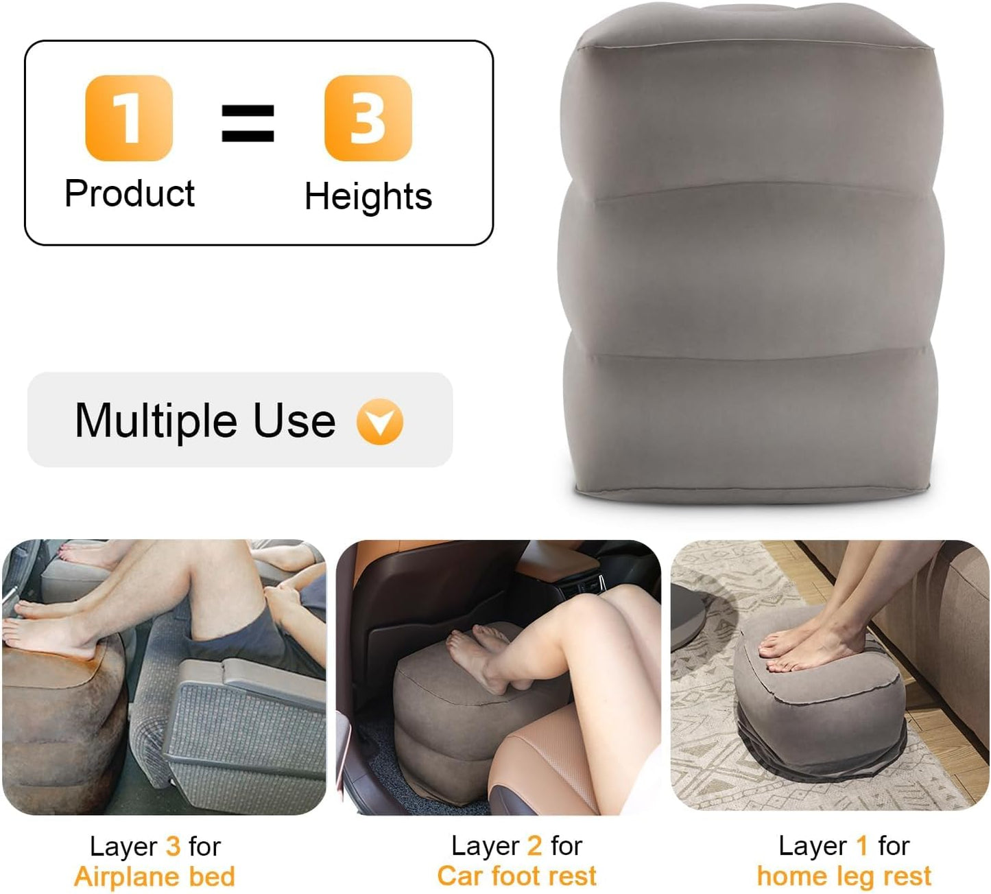 Inflatable Travel Foot Rest Pillow, Kids Airplane Bed, Adjustable Height Leg Pillow for Air Travel, Make a Flat Bed for Kids and Toddlers, Great for Airplane, Train, car（Grey, 1 Pack）