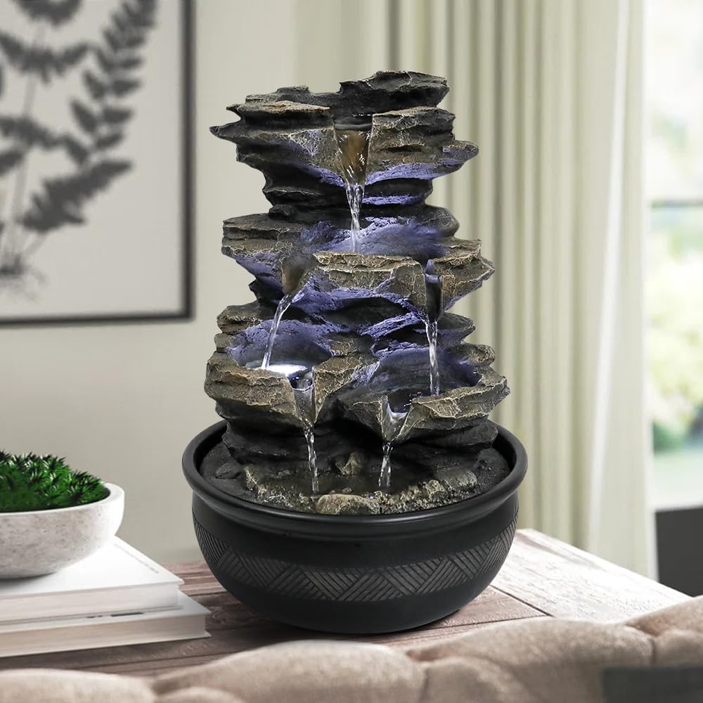 8.3” H Indoor Zen Tabletop Water Fountain, Rock Cascading Waterfall with Spinning Crystal Ball & LED Light for Home Office Decor