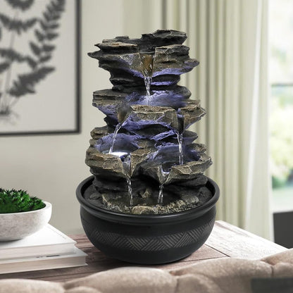 8.3” H Indoor Zen Tabletop Water Fountain, Rock Cascading Waterfall with Spinning Crystal Ball & LED Light for Home Office Decor