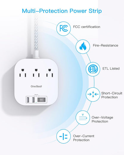 One Beat Power Strip with USB C, 3 Outlets 4 USB Ports (22.5W/4.5A), 6ft