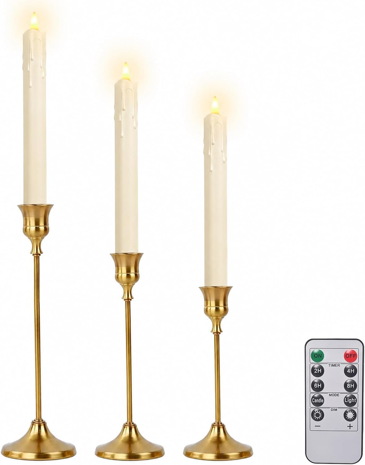 Candle Holder Set of 3, with 3 Flameless Candles & 1 Remote(Gold) | Taper Candle Holders, Metal Non Slip Stable Base, for Home Decor, Holiday Party, Pet & Kid Friendly