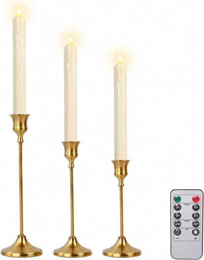 Candle Holder Set of 3, with 3 Flameless Candles & 1 Remote(Gold) | Taper Candle Holders, Metal Non Slip Stable Base, for Home Decor, Holiday Party, Pet & Kid Friendly