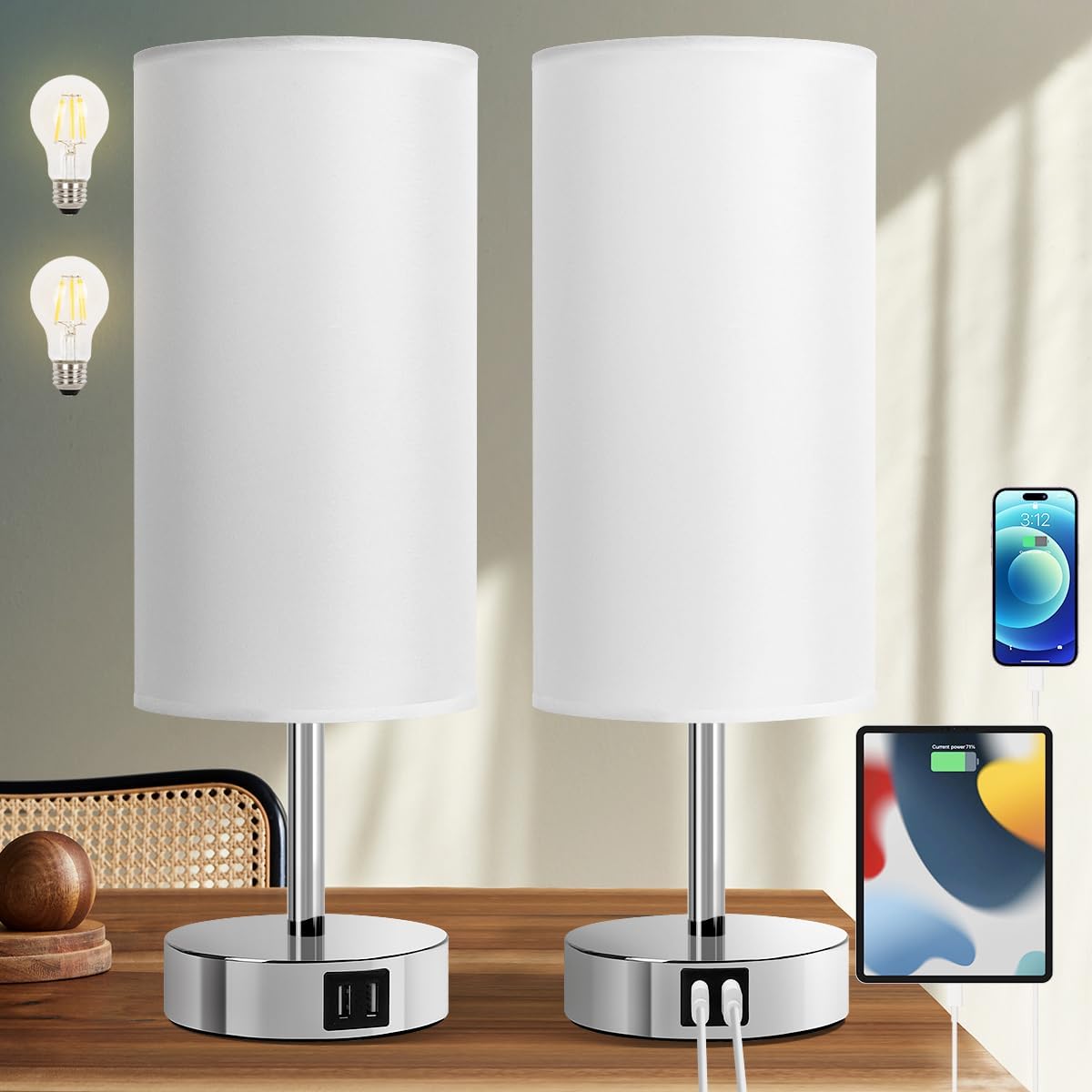 Yarra-Decor Bedside Lamps with USB Port - Touch Control Table Lamp for Bedroom Wood 3 Way Dimmable Nightstand Lamp Set of 2 with Round Flaxen Fabric Shade for Living Room, Dorm, Home Office (2 Pack)