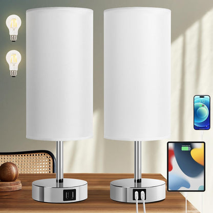 Yarra-Decor Bedside Lamps with USB Port - Touch Control Table Lamp for Bedroom Wood 3 Way Dimmable Nightstand Lamp Set of 2 with Round Flaxen Fabric Shade for Living Room, Dorm, Home Office (2 Pack)