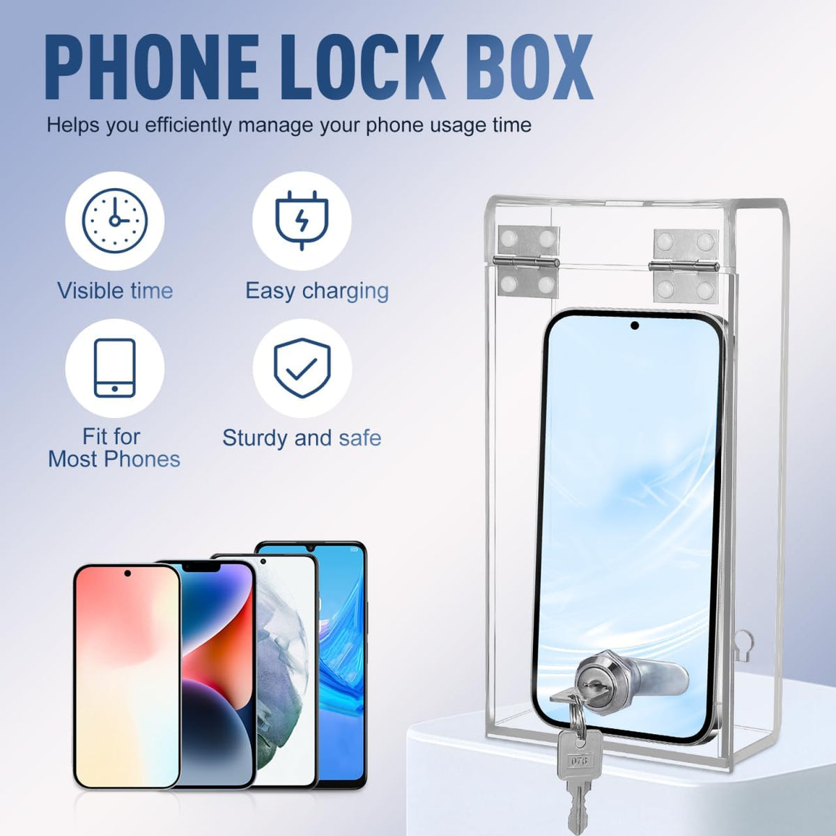 VICASKY Phone Lock Box with 2 Keys, Clear Acrylic Cell Phone Locker Case with Charging Port for Screen Time, Classroom, Office and Home