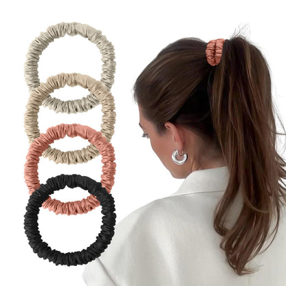 Mulberry Silk Scrunchies 4 Pack - Non Slip, Black Small Thin Silk Scrunchies for Women, Sleepy Ties for Thick Hair