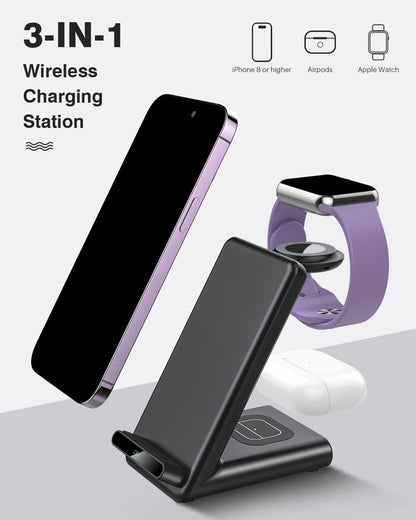 Wireless Charging Station,3 in 1 Charging Stand for Apple Multiple Devices
