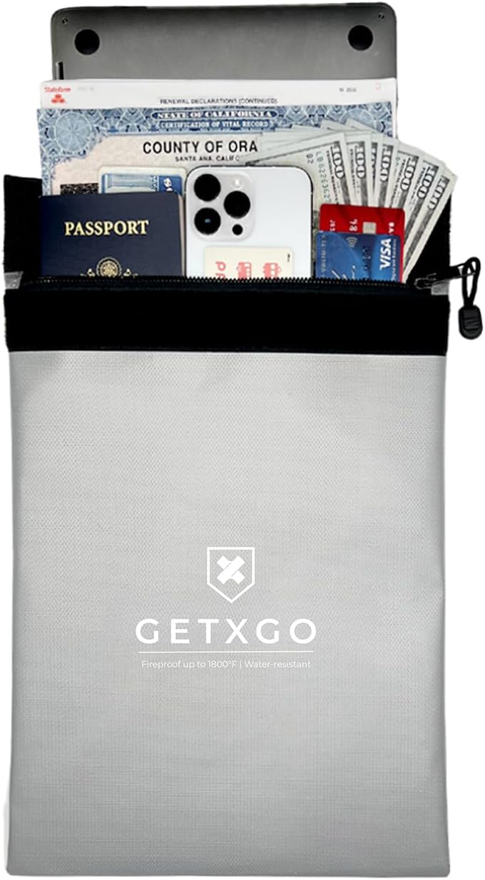 Fireproof Document Bag - Water-Resistant - Thick Tough Fiberglass & Aluminum Walls with Fire Safe Double Pouch Closure - Protect Important Documents, Cash, & Passports. 15"x11"