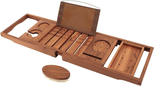 VaeFae Teak Bathtub Tray Expandable, Wooden Tub Caddy, Non-Folding