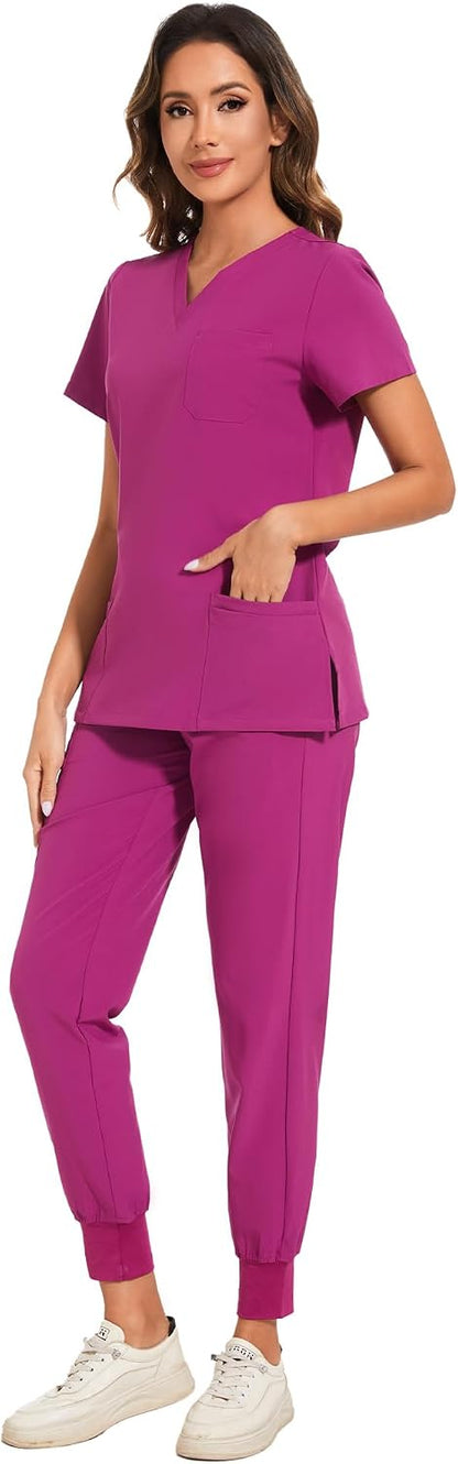 COZYFIT Scrubs for Women Set - Stretch V-Neck Scrub Top & Jogger Pant with 8 Pockets COZY SCRUBS - Colors D
