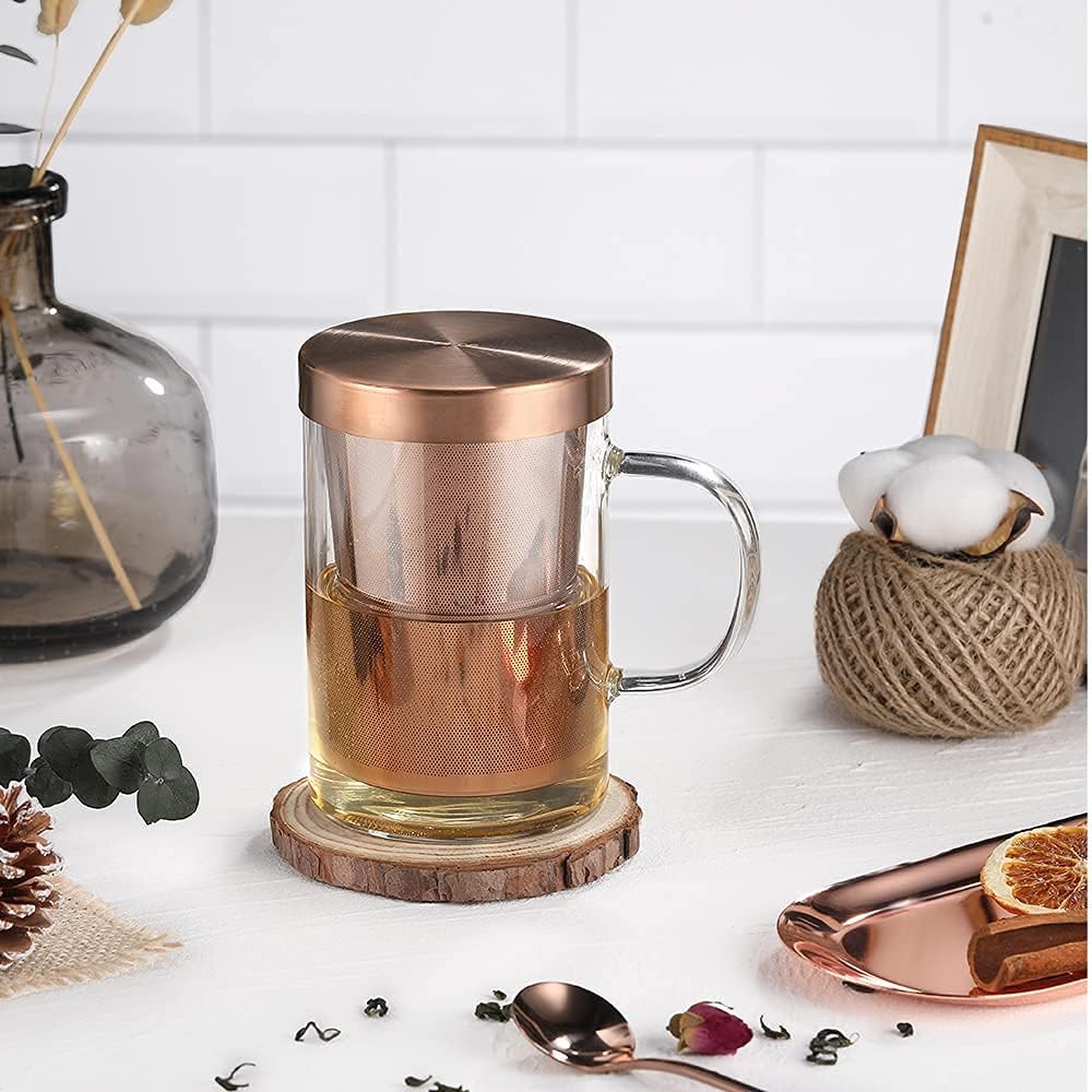 ecooe Tea Infuser Mug 16.9oz Glass Tea Cup with Removable Stainless Steel Infuser and Lid, Clear Glass Tea Cup 500ml Teacup for Loose Leaf Tea, Birthday for Parents Dad Mum Friends (Bronze)