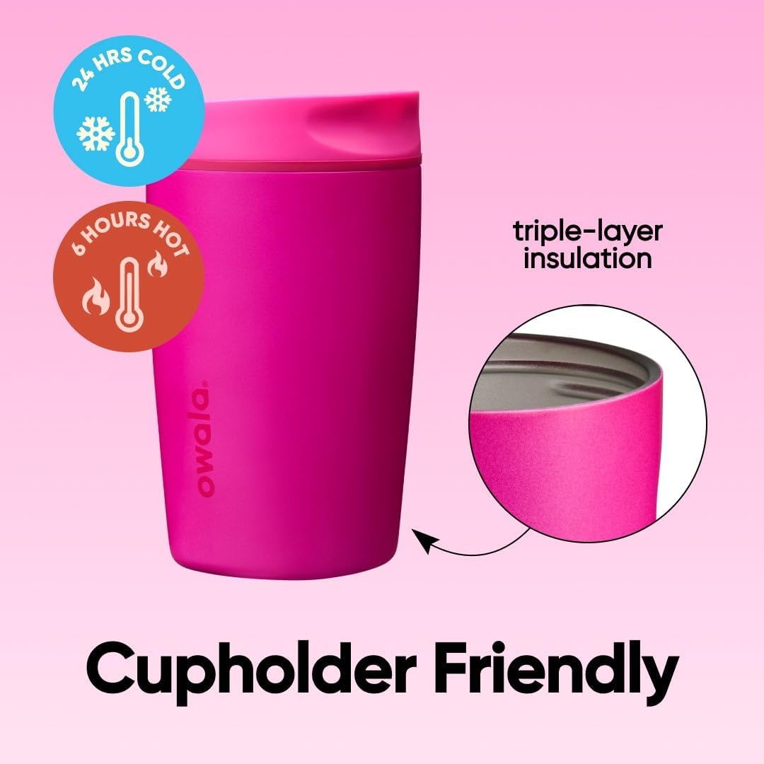 Owala SmoothSip Slider Insulated Stainless Steel Coffee Tumbler, Reusable Iced Coffee Cup, Hot Coffee Travel Mug, BPA Free 12 oz, Pink (Pucker Up)