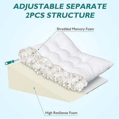 Bed Wedge Pillow for Sleep Apnea 7.5Inch Gerd Pillow Patent Dual Layer Triangle Pillow Adjustable Shredded Memory Foam Topper Soft Support Ideal for Acid Reflux, After Surgery, Snoring