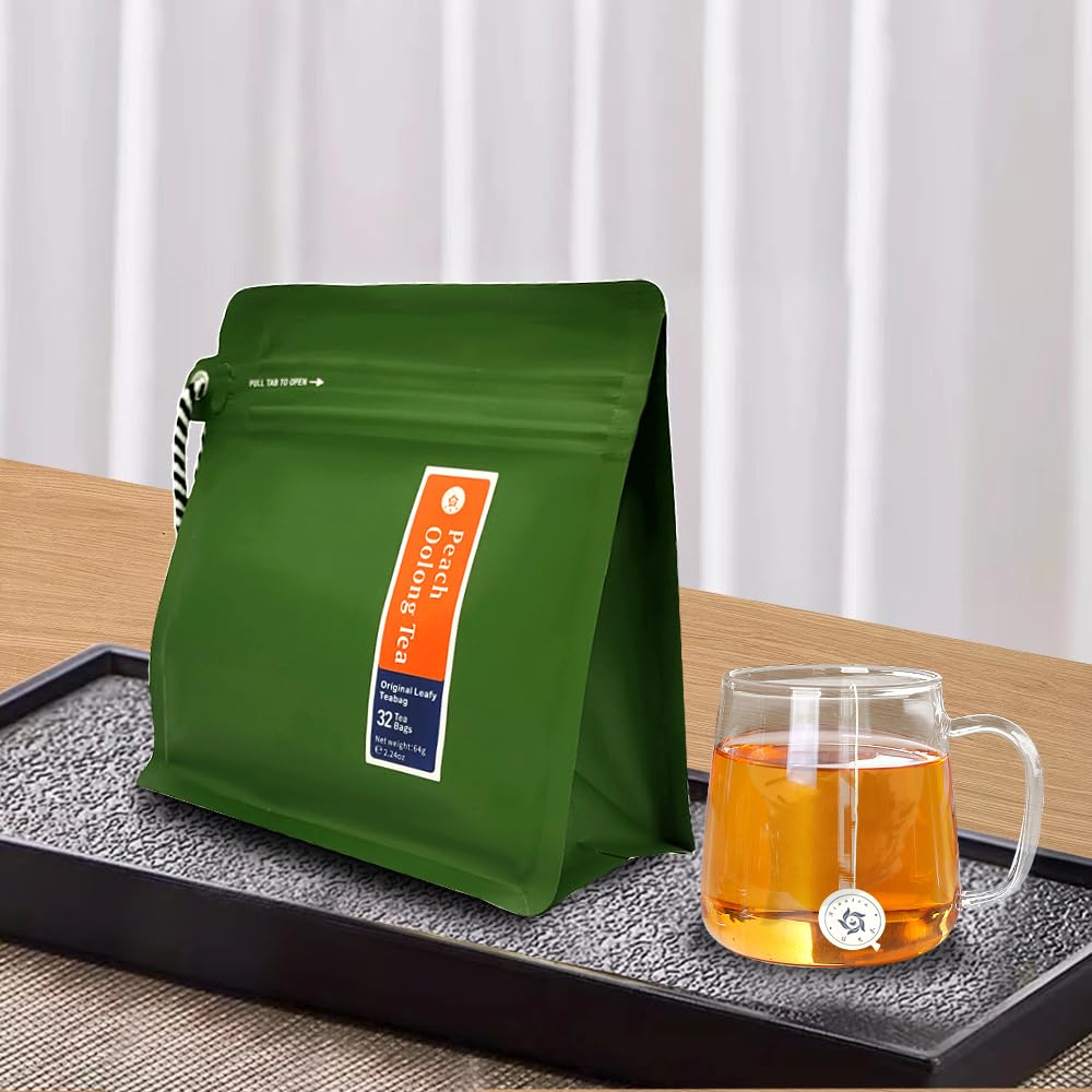 RIANTEA Peach Oolong Tea Bags - 32 Individually Wrapped Teabags (2.25oz/62g) - Low Caffeine, Smooth Flavor - Hot or Iced Tea - Original Leafy Tea
